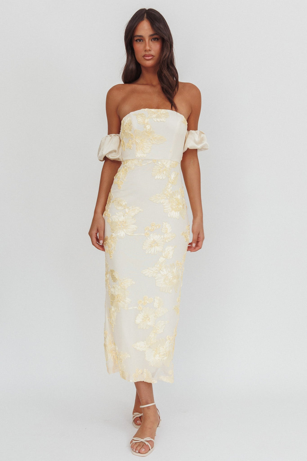 Roman Holiday Puff Sleeve Embellished Midi Dress Gold