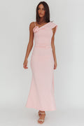 Sugar High Asymmetric Shoulder Drape Maxi Dress Pink