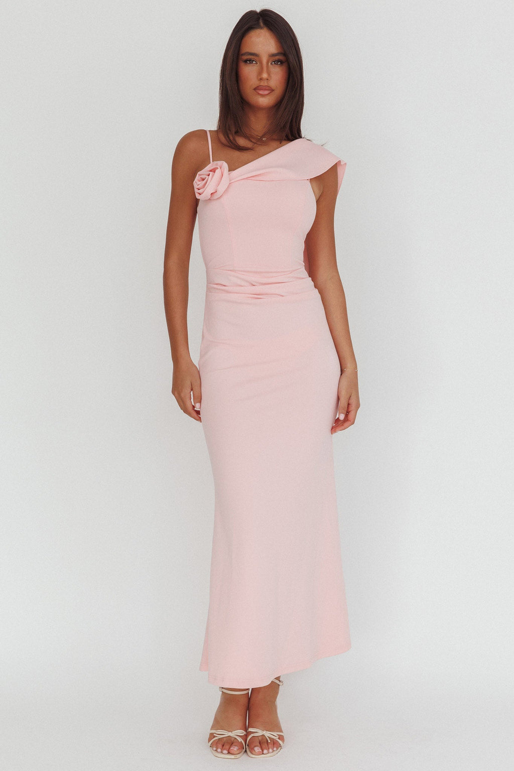 Sugar High Asymmetric Shoulder Drape Maxi Dress Pink