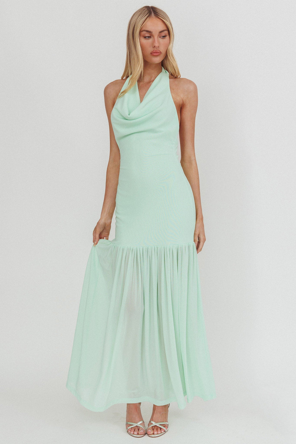 Kailyn Cowl Neck Sheer Hem Maxi Dress Mint