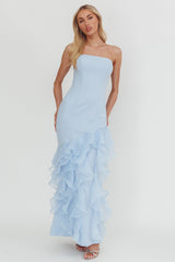 Kioto Strapless Organza Trim Maxi Dress Blue