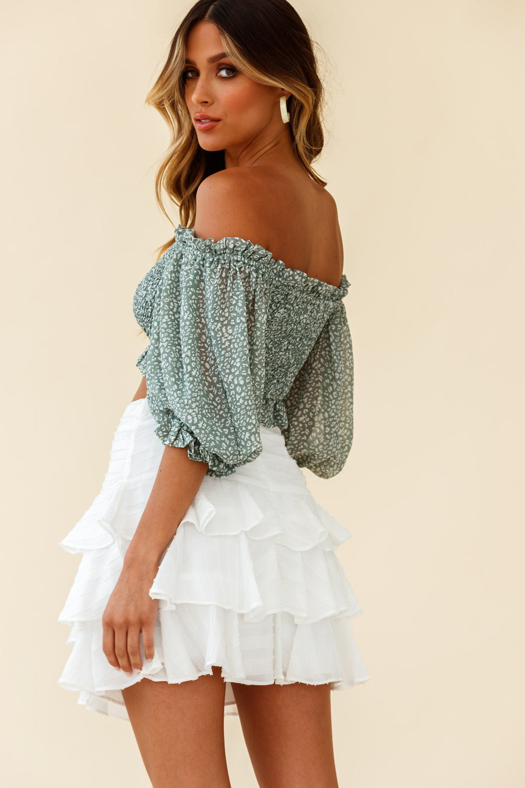 Meet Cute Shirred Bust Off-Shoulder Crop Top Speckle Print Olive