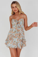 Flower Child Bust Tie Ruffle Trim Dress Roses Blue
