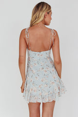 Flower Child Bust Tie Ruffle Trim Dress Rose Print Blue