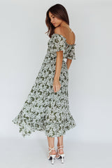 Voyager Off-Shoulder Bell Sleeve Midi Dress Floral Green