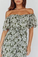 Voyager Off-Shoulder Bell Sleeve Midi Dress Floral Green