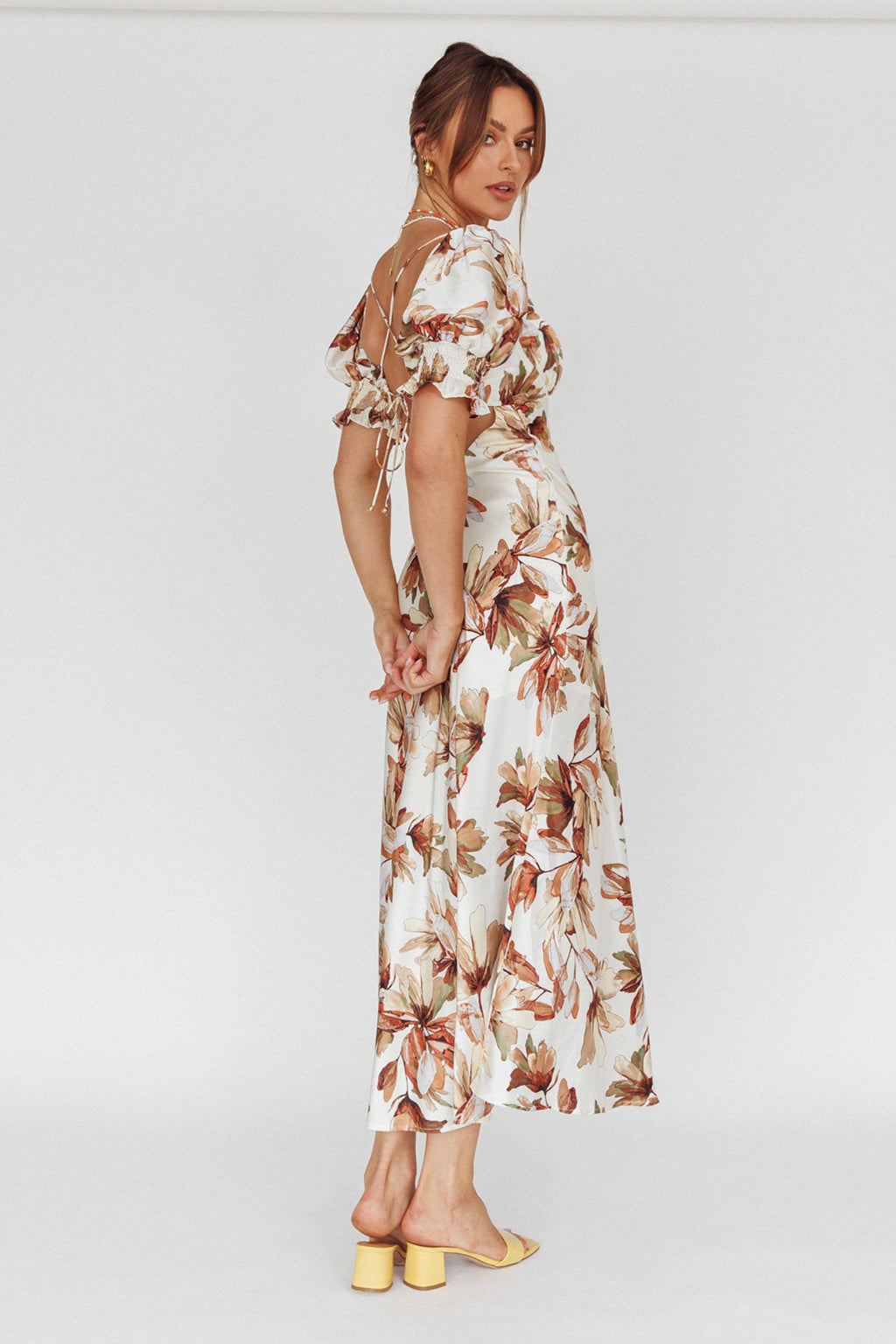 Brigita Tied Back Midi Dress Floral Brown