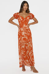 Park Avenue Puff Sleeve Midi Dress Print Orange