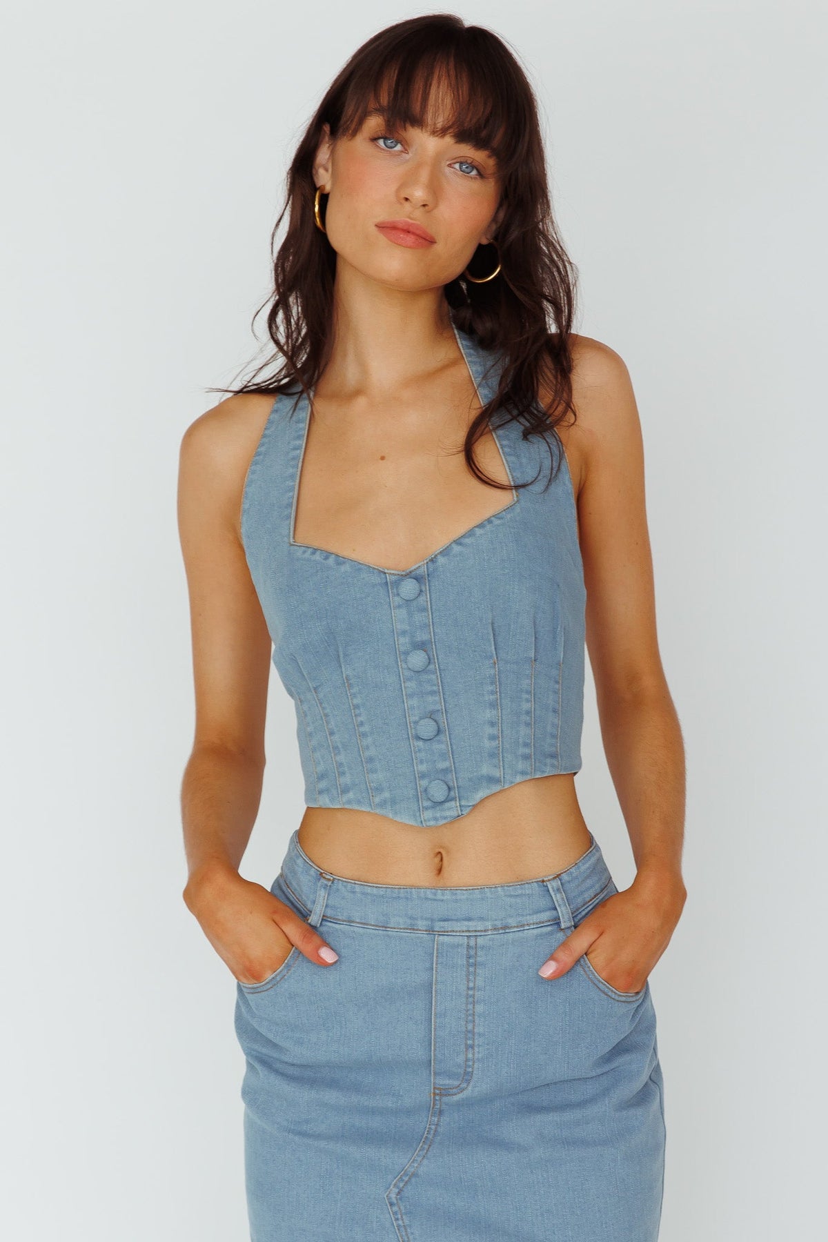 Zurich Halter Crop Top Denim Blue