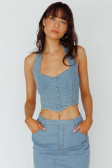Zurich Halter Crop Top Denim Blue