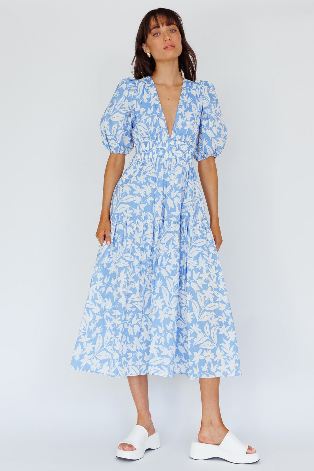 Summer Land V-Neckline Midi Dress Floral Blue