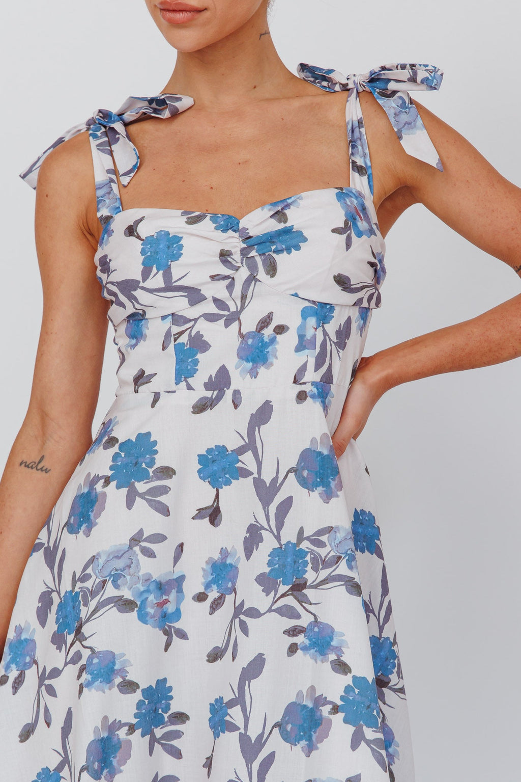Sweet Pea Tied Bust Midi Dress Flower Blue