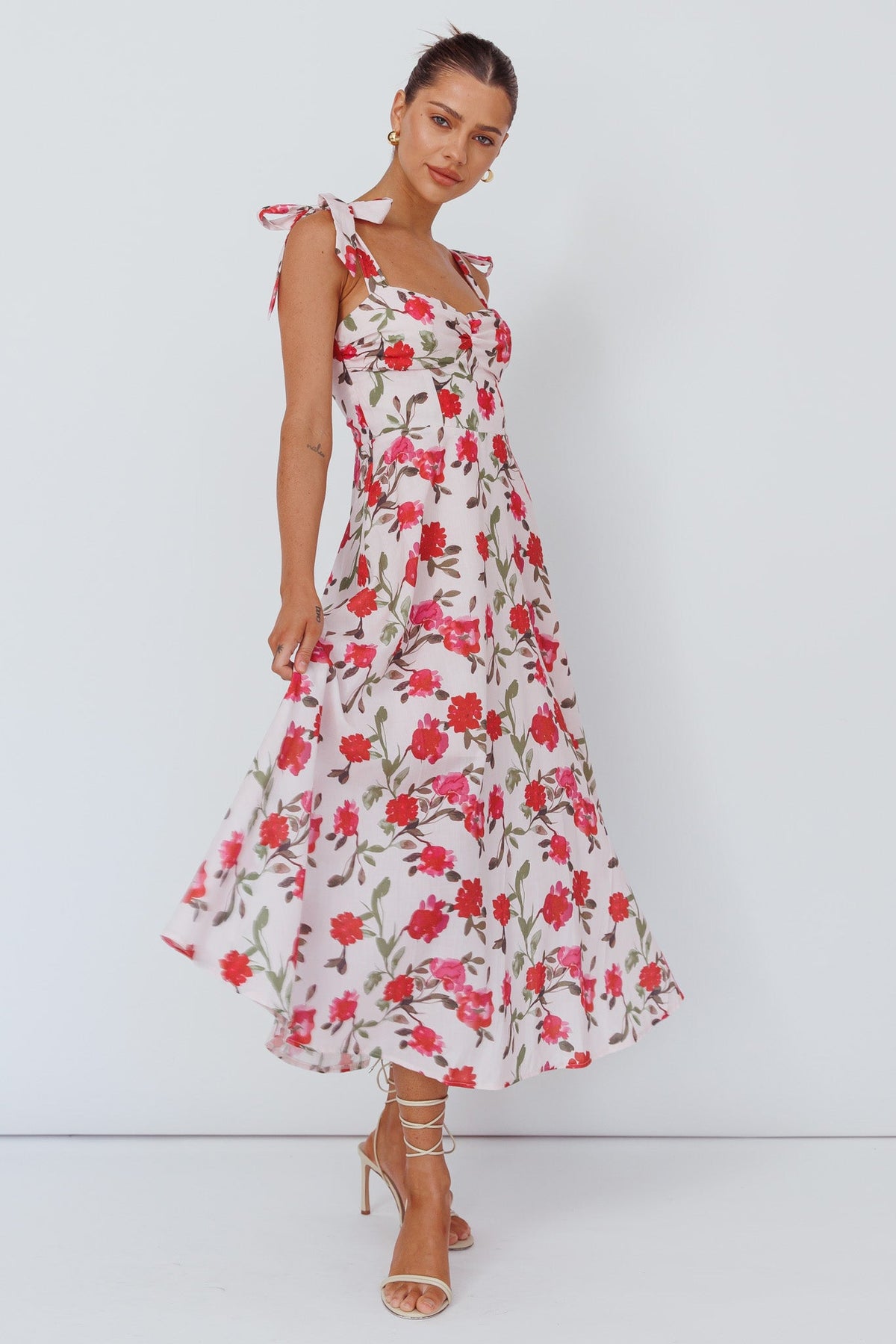 Sweet Pea Tied Bust Midi Dress Flower Pink