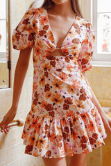 Jemilia Cut-Out Bust Flounce Mini Dress Floral Pink