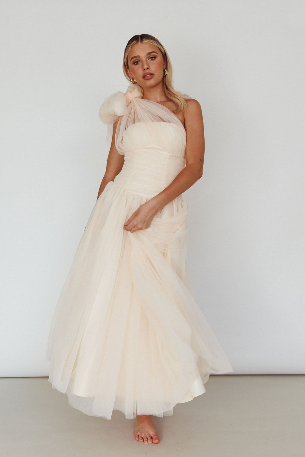 Let's Elope Bow Shoulder Midi Dress Butter