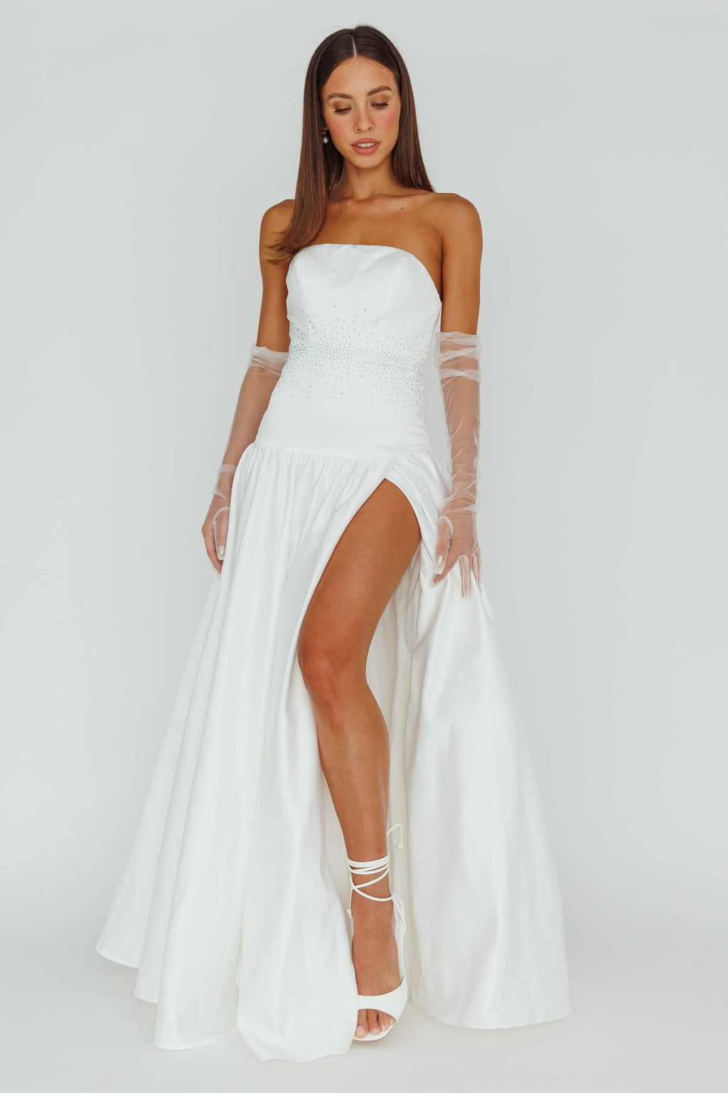 Verily Diamante Drop Waist Maxi Dress White