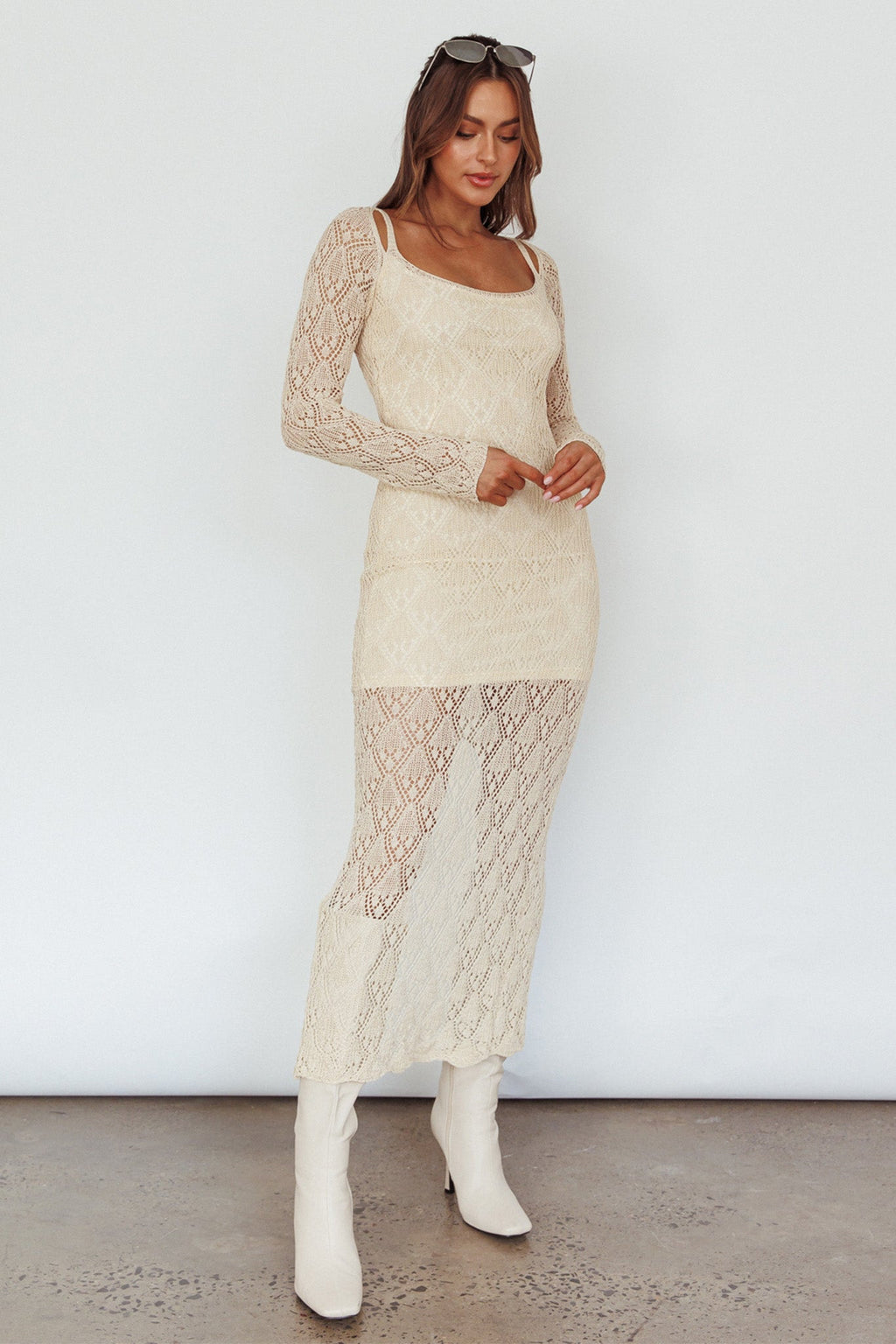 Happy Place Long Sleeve Crochet Midi Dress Beige