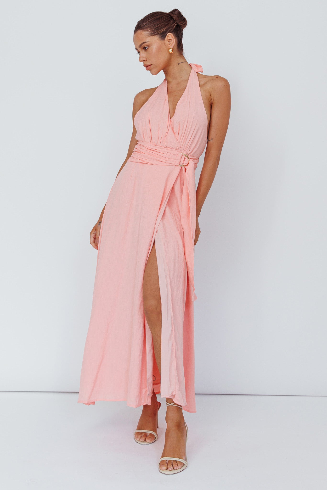 Spring Feels Halterneck Belt Maxi Dress Peach