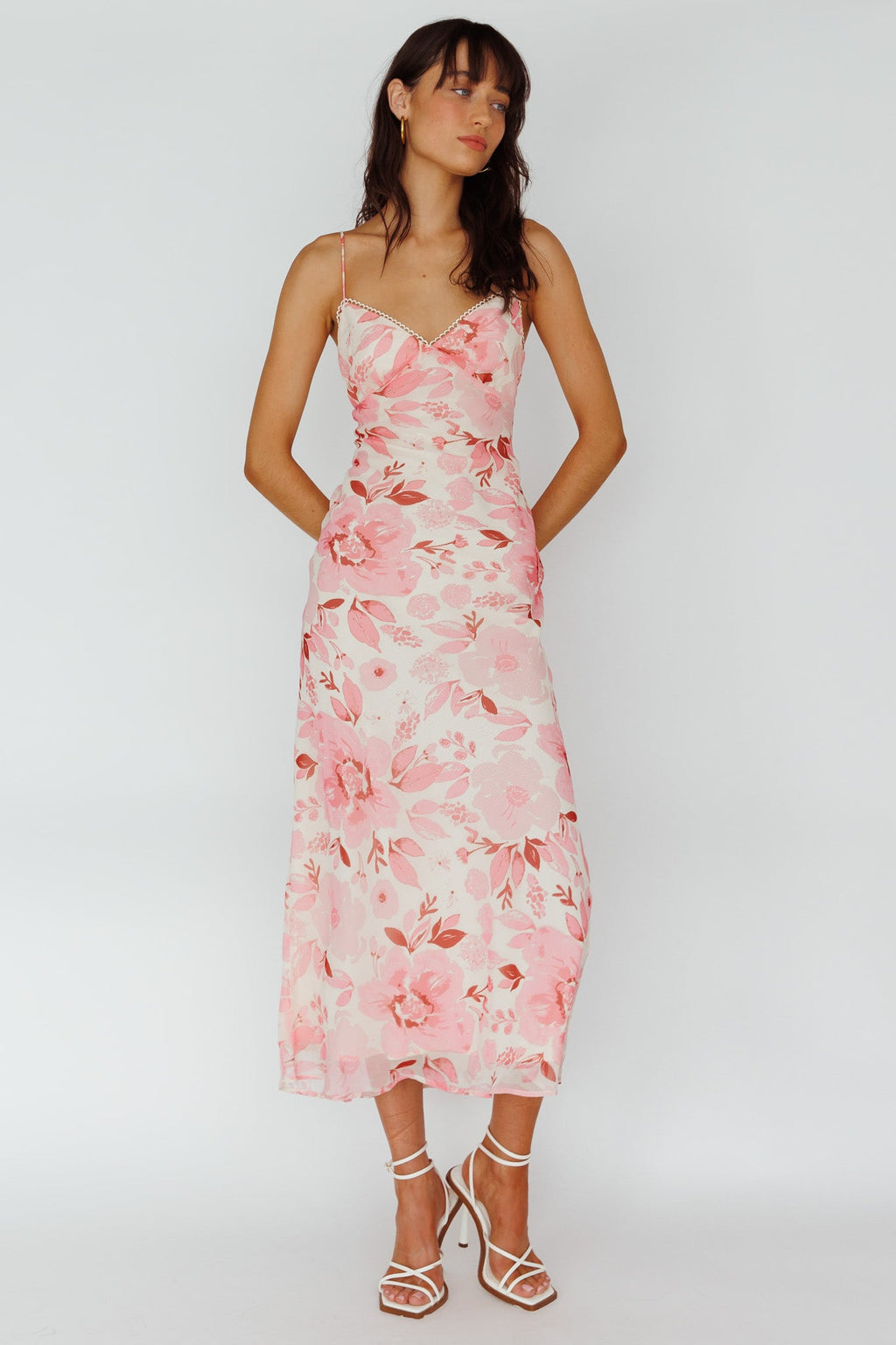 Egypt Cami Strap Midi Dress Floral Pink