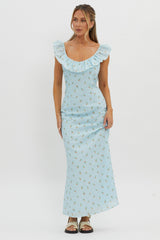 Merci Beaucoup Frill Neckline Maxi Dress Blue