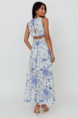 Perla V-Neck Drawstring Maxi Dress Floral Blue
