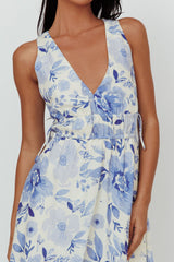Perla V-Neck Drawstring Maxi Dress Floral Blue