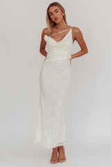 Golden Glow Rosette Cowl Neck Maxi Dress Beige