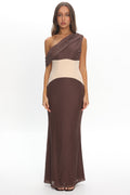Milos Asymmetric Neckline Maxi Dress Chocolate Dot