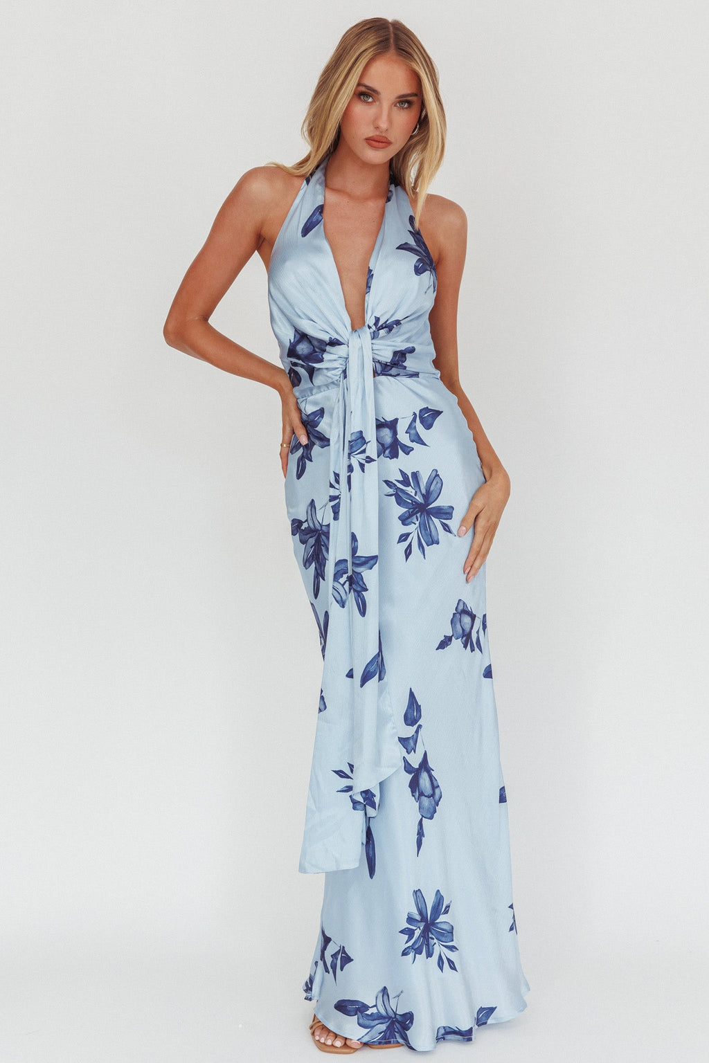 Make Believe Plunging Halterneck Maxi Dress Floral Navy