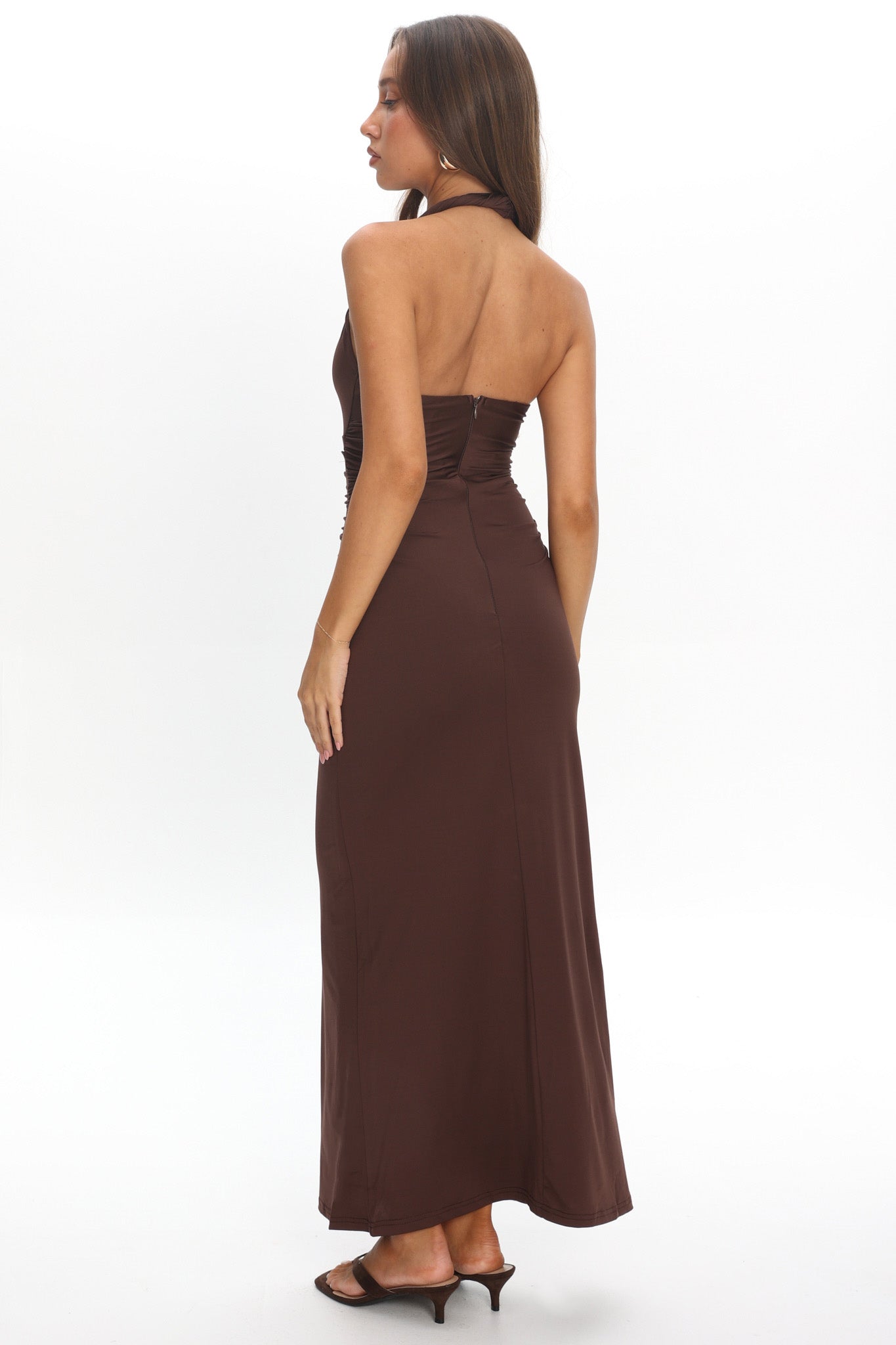 Mixed Feelings Ruched Bodice Halter Maxi Dress Chocolate