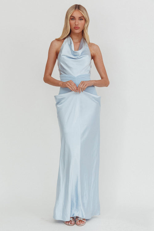 Zynthia Cowl Neck Ruched Waist Maxi Dress Ice Blue