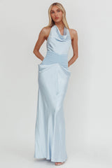 Zynthia Cowl Neck Ruched Waist Maxi Dress Ice Blue