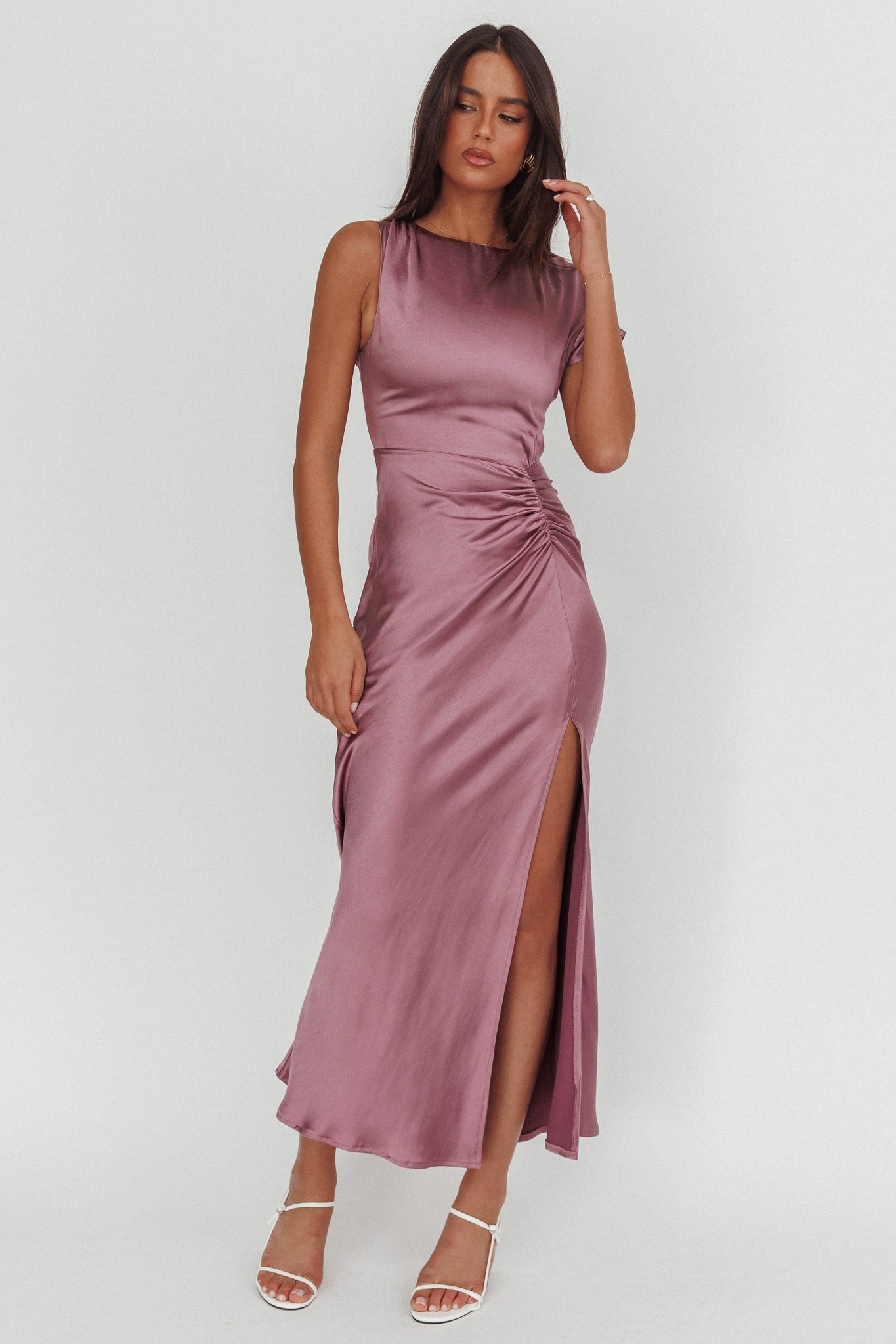 Larelle One-Sleeve Front Split Maxi Dress Grape