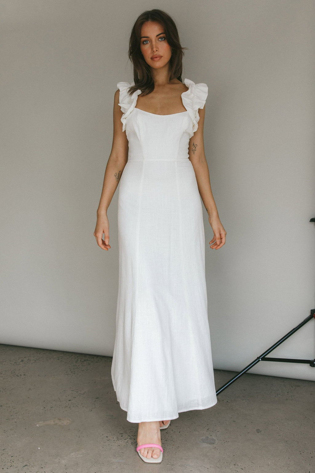 Bronte Ruffle Strap Midi Dress Cream
