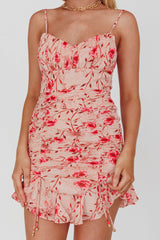 First Light Cami Strap Ruched Dress Floral Pink