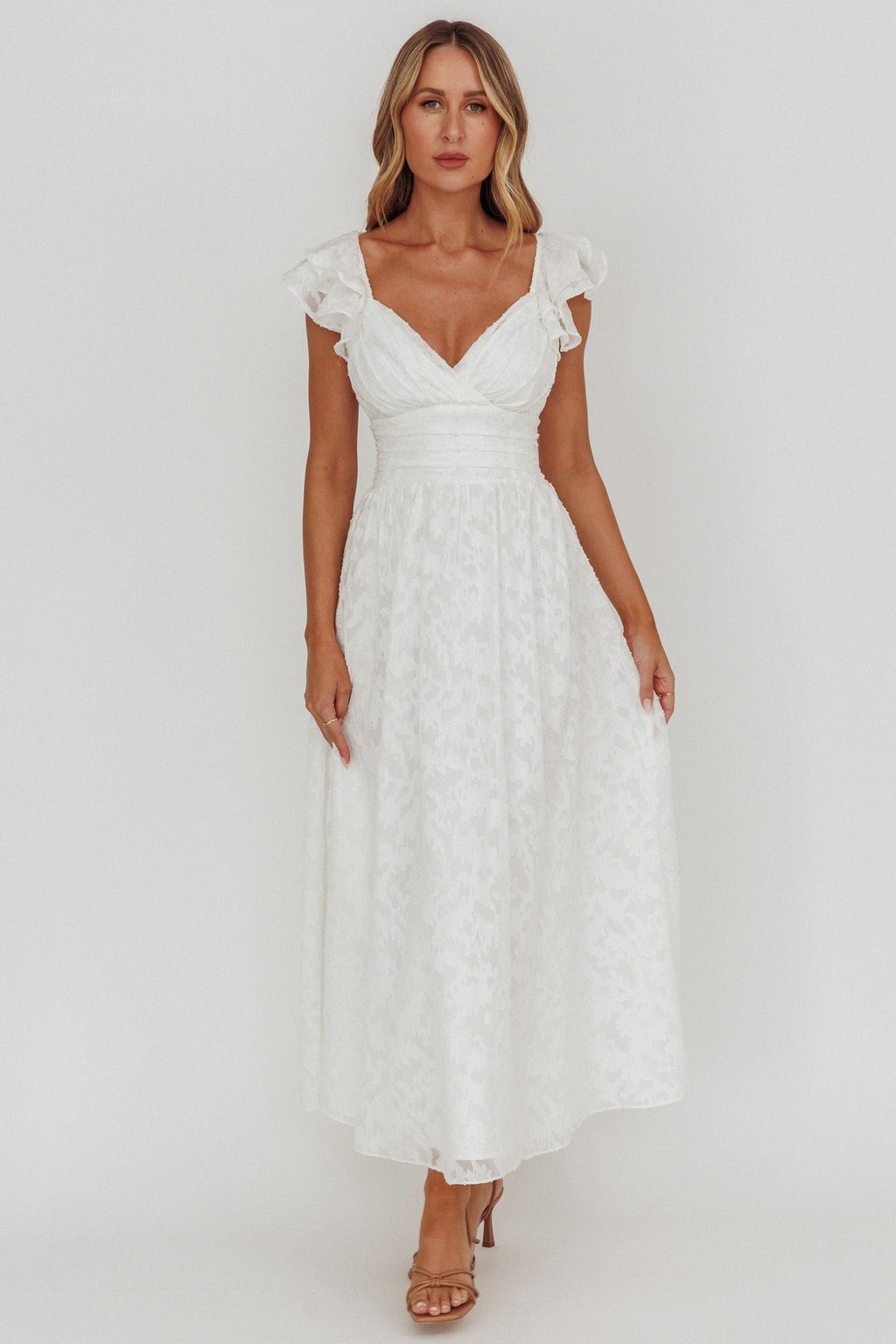 Lola Ruffle Shoulder Maxi Dress Textured White