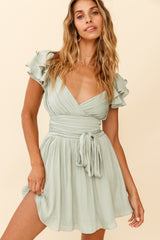 Lola Ruffle Shoulder Ruched Dress Pistachio
