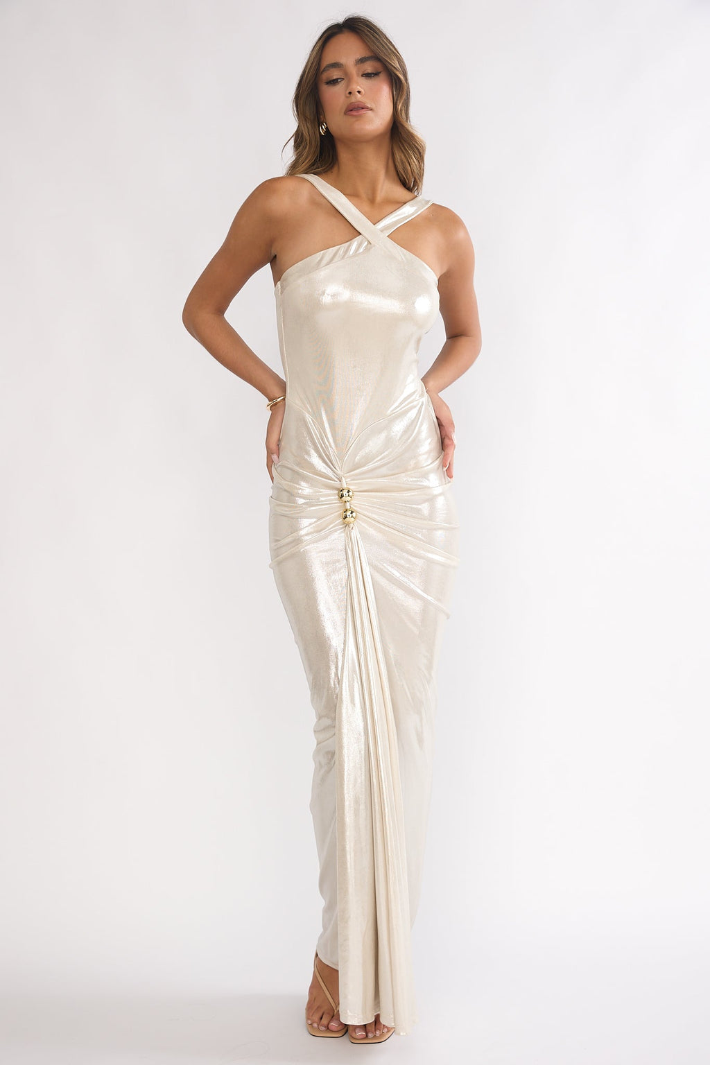 Delaina Ruched Waist Gold Accent Maxi Dress Pearl