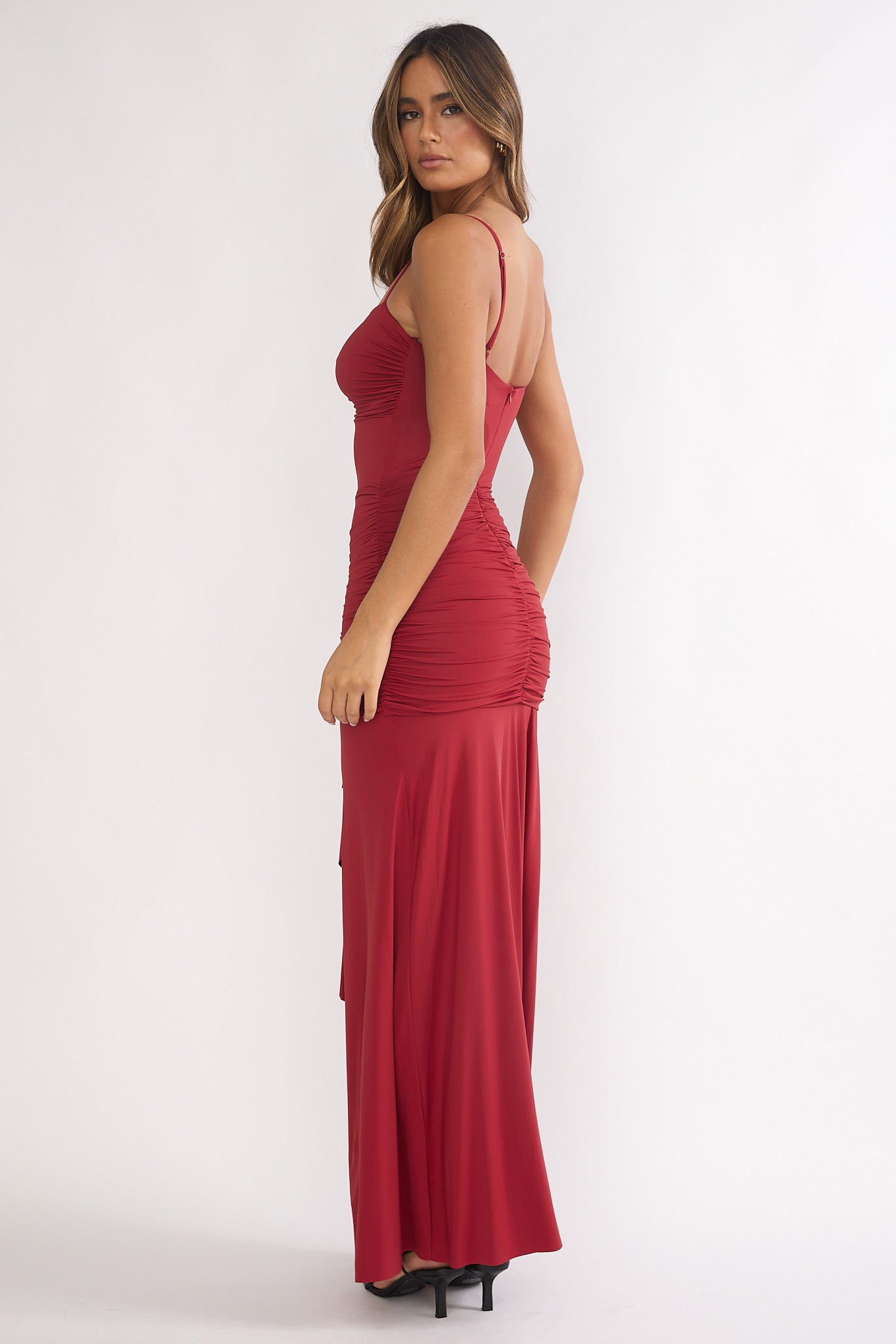Lunara Ruched Cascade Sash Dress Wine