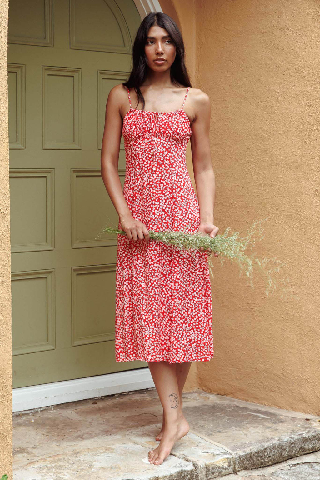Haydin Tied Bust Split Midi Dress Floral Red