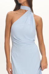 Lorielle One-Shoulder Ruffle Trim Maxi Dress Blue