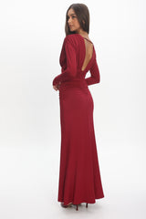 Gilded Long Sleeve Ruched Maxi Dress Wine