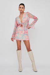 Sincerity Long Sleeve Tie Front Top Print Blue
