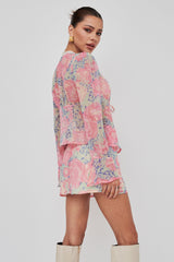 Sincerity Long Sleeve Tie Front Top Print Blue