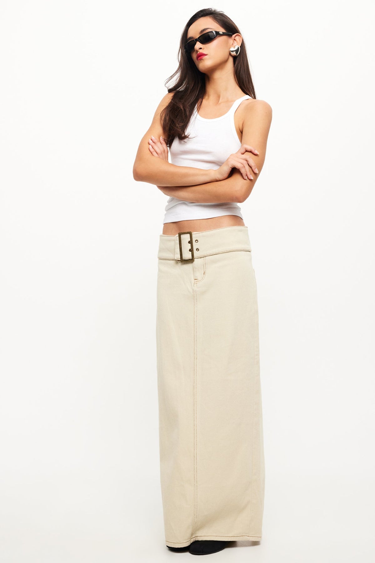 LIONESS Uma Denim Midi Skirt Ecru