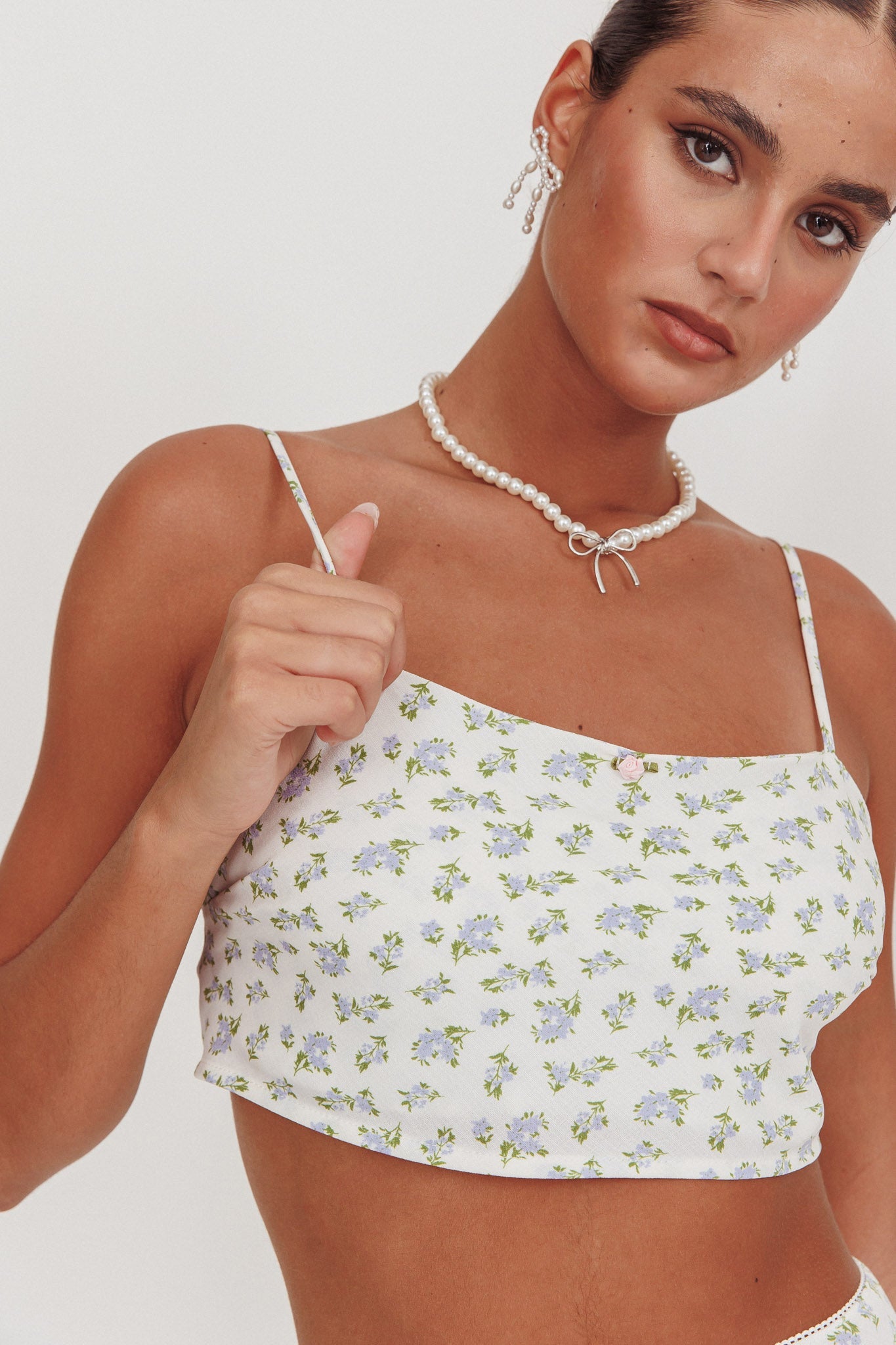Miss Cupid Cami Crop Top Floral Ivory/Blue