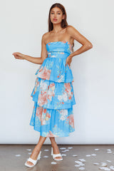 Outshine Strapless Tiered Midi Dress Floral Blue