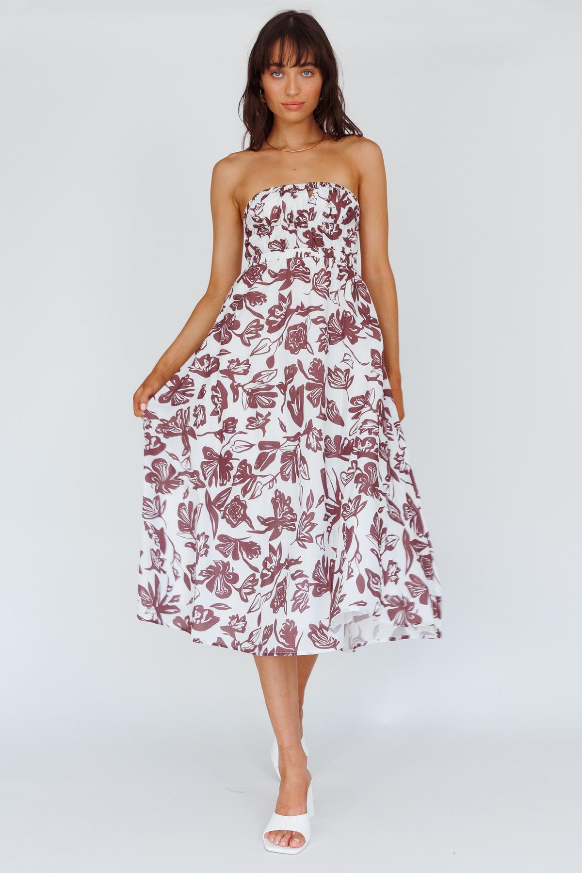 Caloundra Strapless Midi Dress Floral Walnut