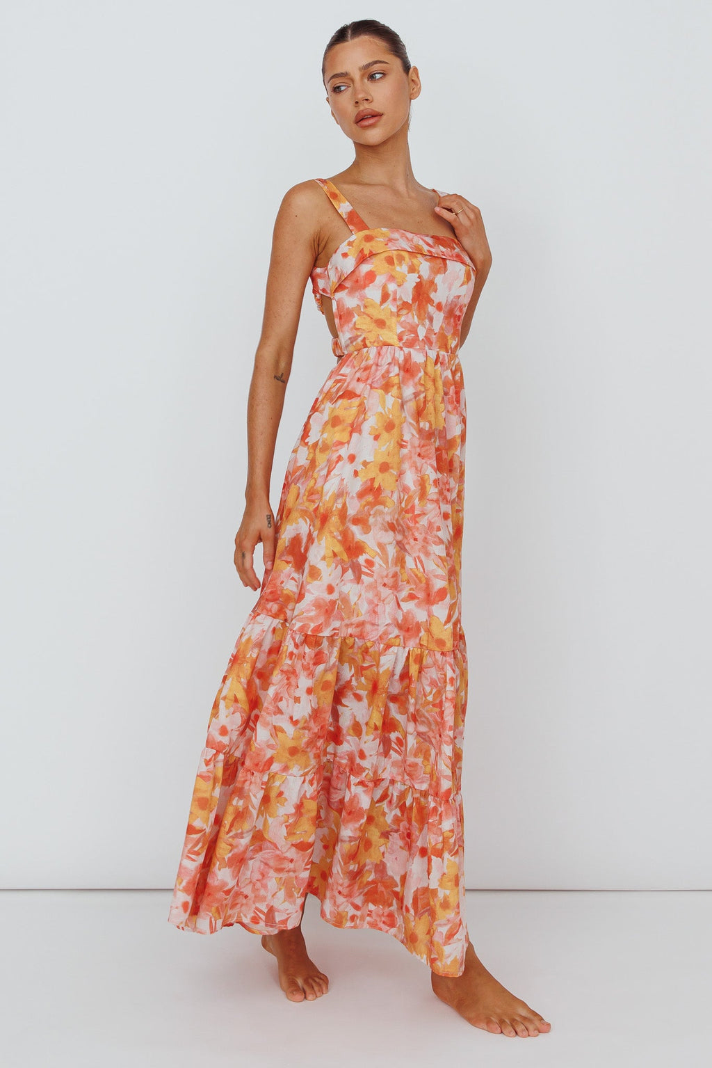 Lisseth Foldover Neckline Midi Dress Floral Red