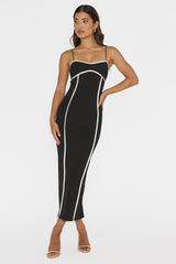 Justyna Contrast Piping Trim Midi Dress Black
